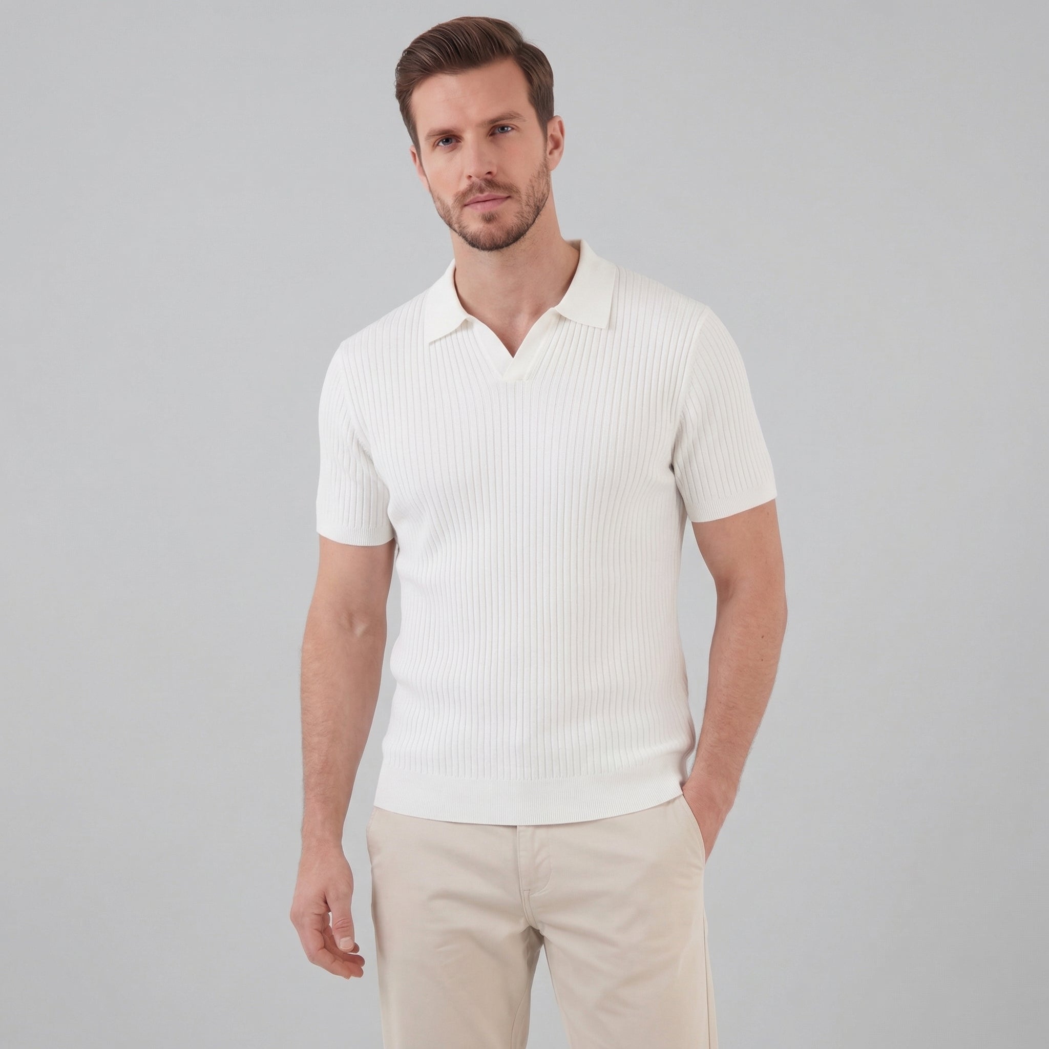 Men's Ribbed Knit Polo Shirt - Short Sleeve Casual Wear for Everyday Comfort