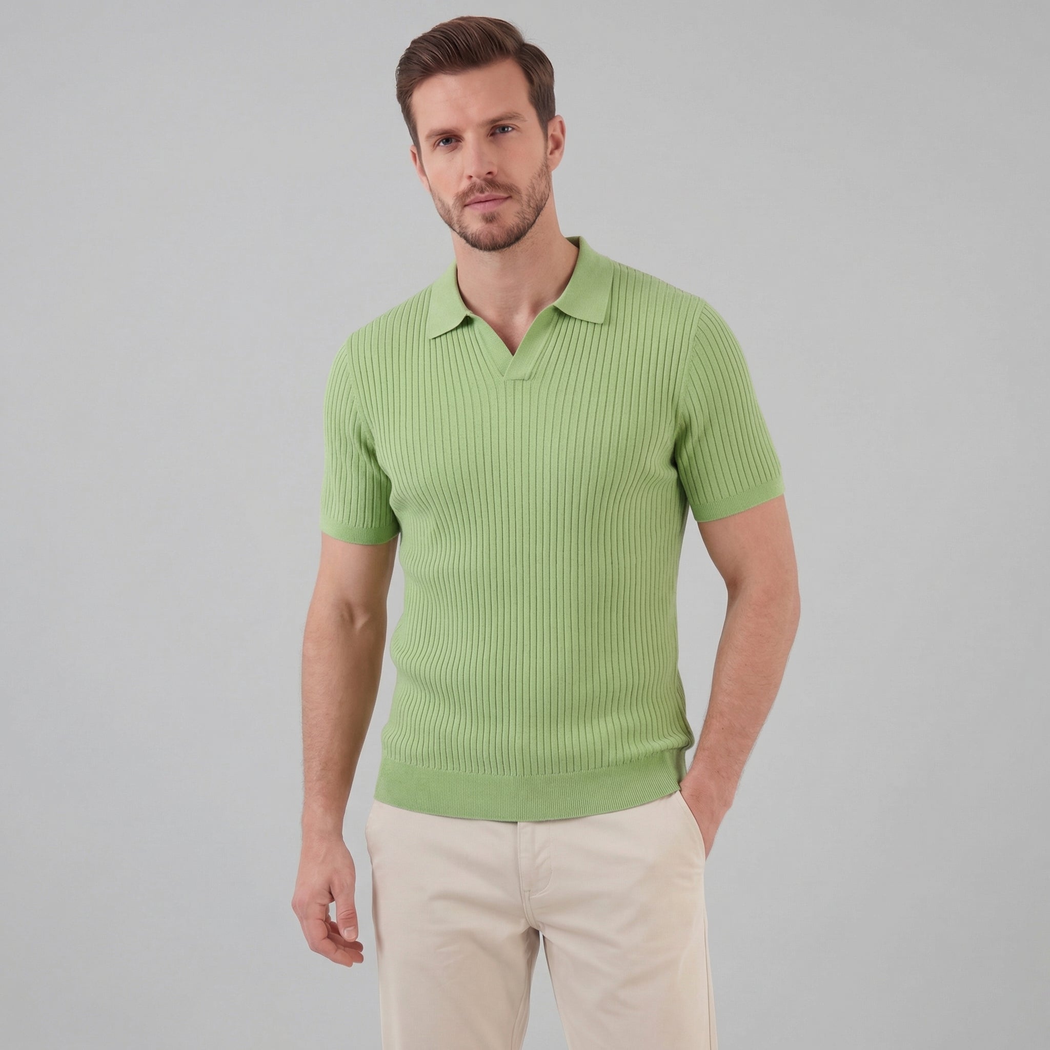 Men's Ribbed Knit Polo Shirt - Short Sleeve Casual Wear for Everyday Comfort