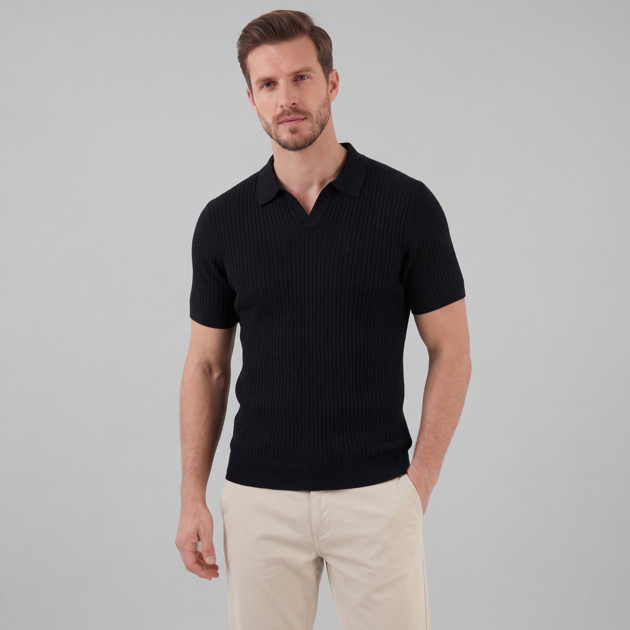 Men's Ribbed Knit Polo Shirt - Short Sleeve Casual Wear for Everyday Comfort