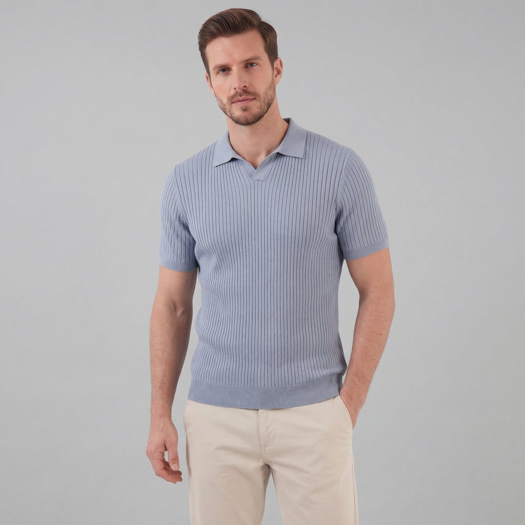 Men's Ribbed Knit Polo Shirt - Short Sleeve Casual Wear for Everyday Comfort