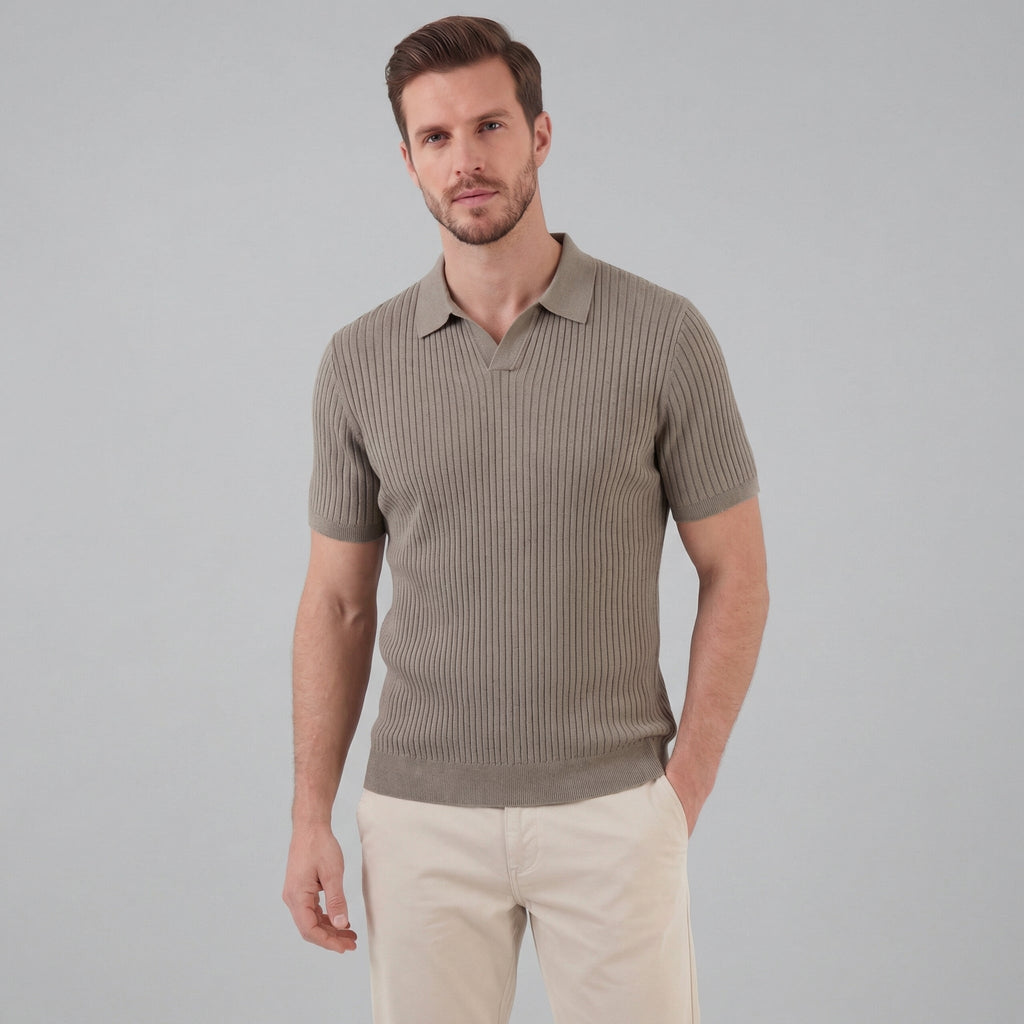 Men's Ribbed Knit Polo Shirt - Short Sleeve Casual Wear for Everyday Comfort