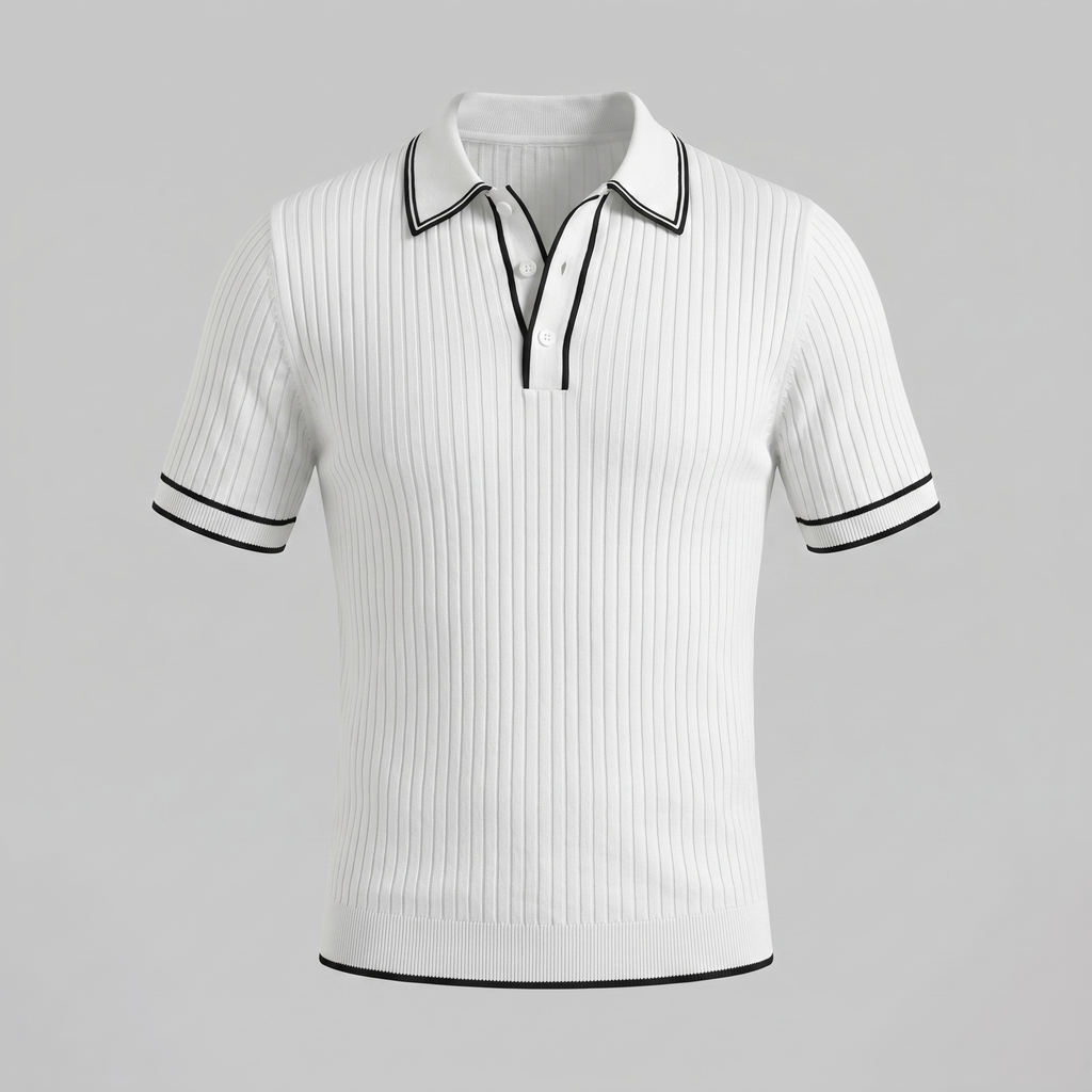 Men's Ribbed Knit Polo Shirt with Contrast Trim for Casual Wear