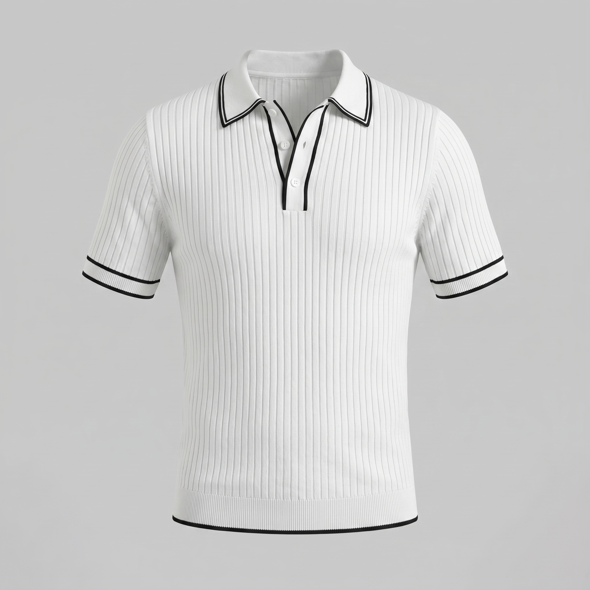 Men's Ribbed Knit Polo Shirt with Contrast Trim for Casual Wear