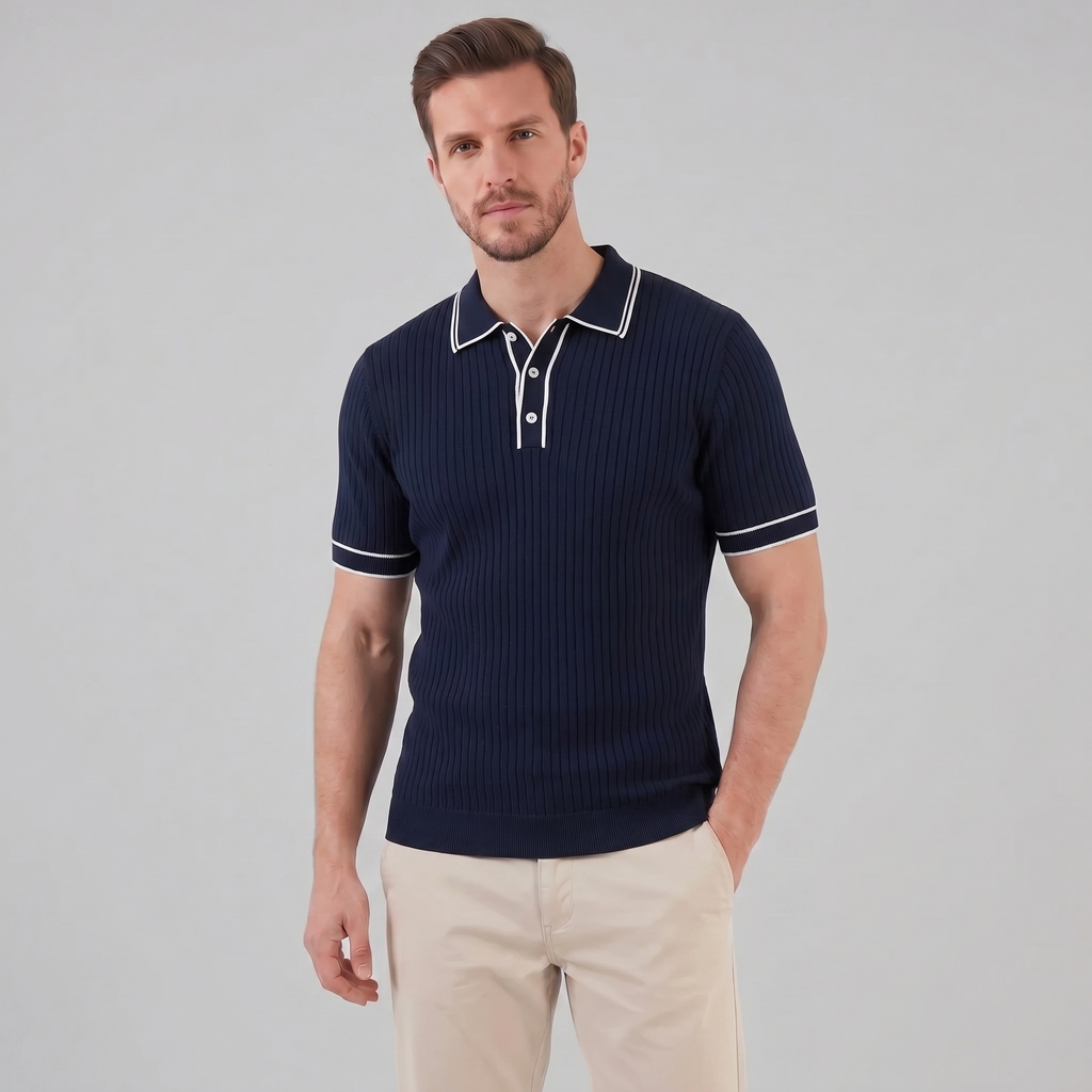Men's Ribbed Knit Polo Shirt with Contrast Trim for Casual Wear