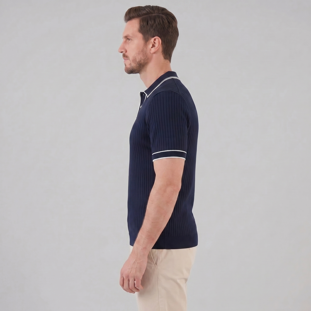 Men's Ribbed Knit Polo Shirt with Contrast Trim for Casual Wear