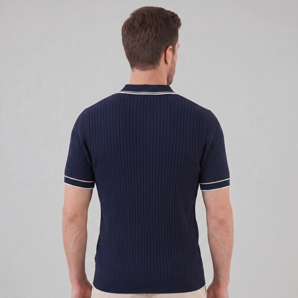 Men's Ribbed Knit Polo Shirt with Contrast Trim for Casual Wear