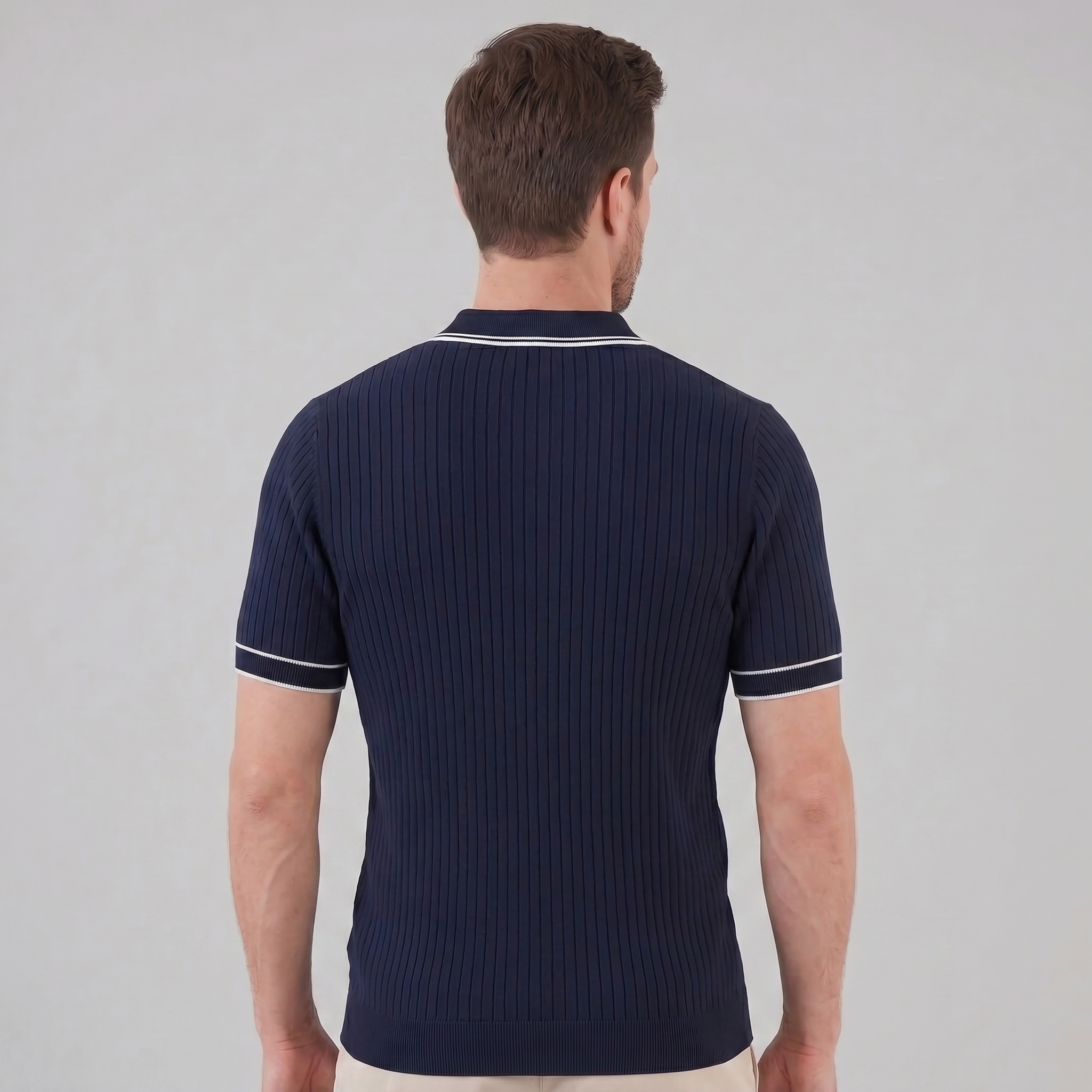 Men's Ribbed Knit Polo Shirt with Contrast Trim for Casual Wear