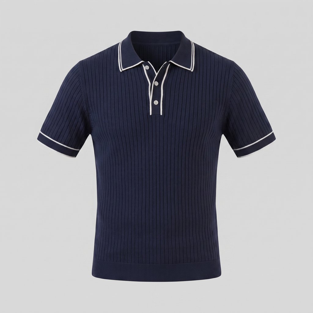 Men's Ribbed Knit Polo Shirt with Contrast Trim for Casual Wear