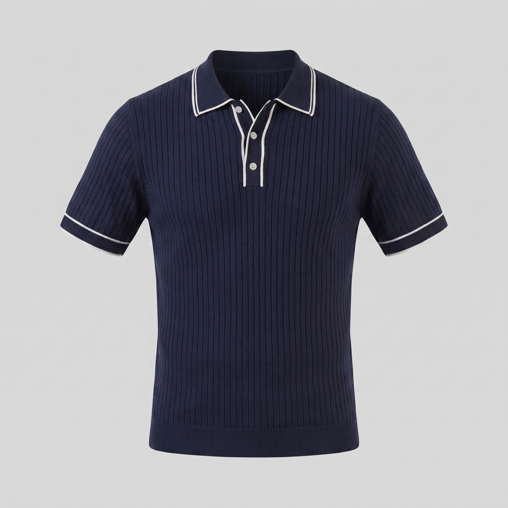 Men's Ribbed Knit Polo Shirt with Contrast Trim for Casual Wear