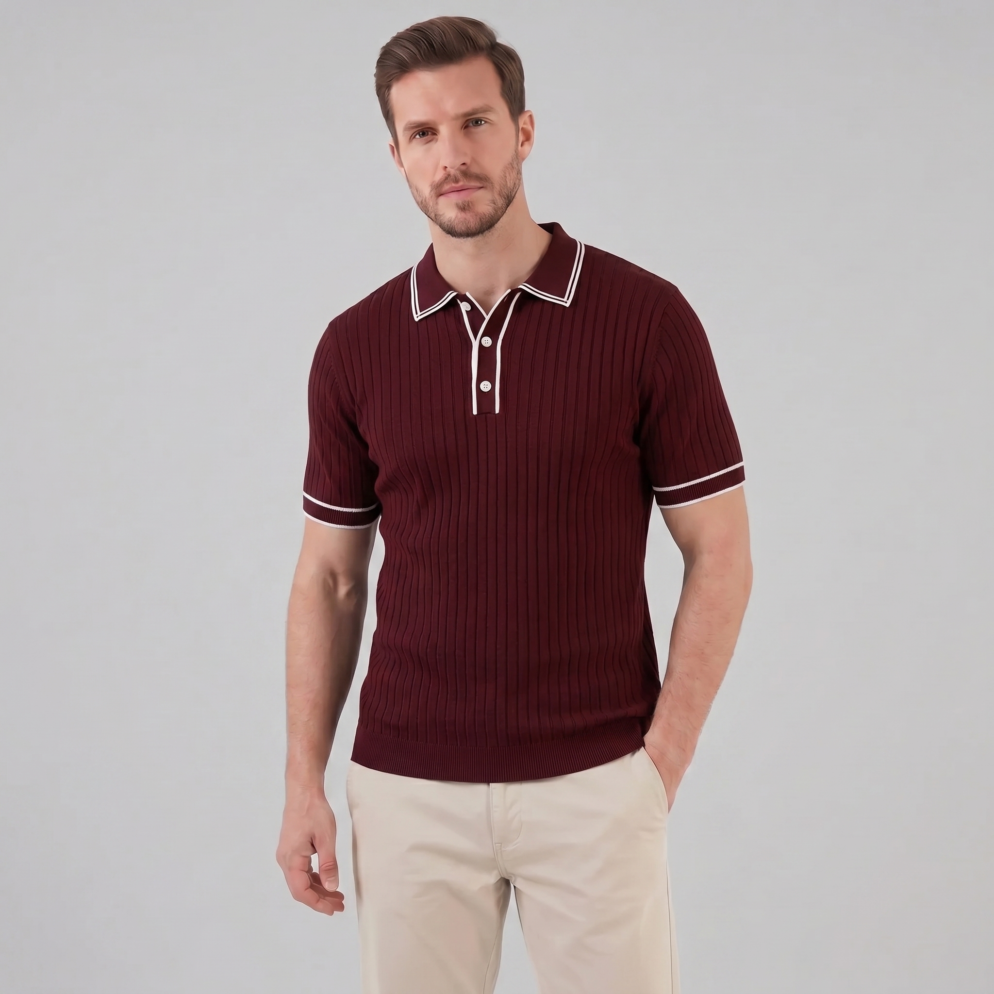 Men's Ribbed Knit Polo Shirt with Contrast Trim for Casual Wear