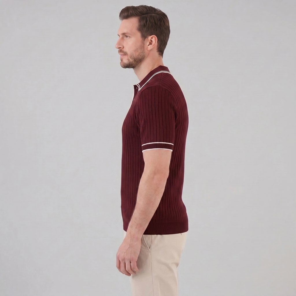 Men's Ribbed Knit Polo Shirt with Contrast Trim for Casual Wear