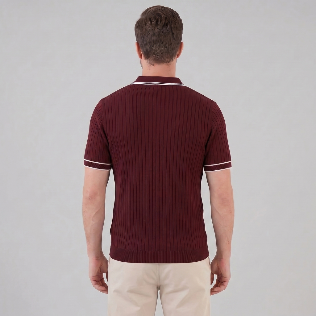 Men's Ribbed Knit Polo Shirt with Contrast Trim for Casual Wear