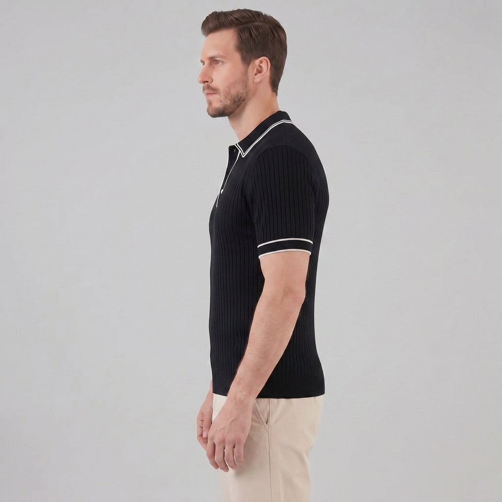 Men's Ribbed Knit Polo Shirt with Contrast Trim for Casual Wear