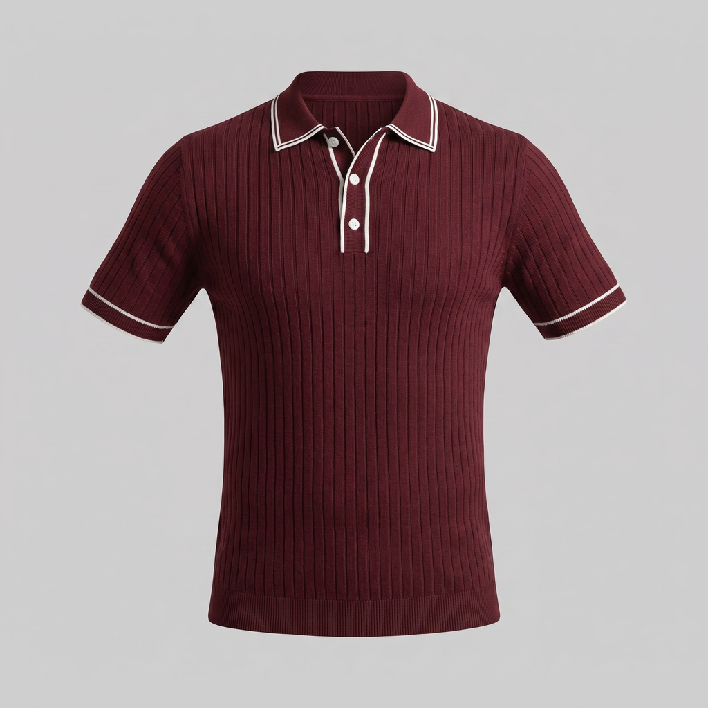Men's Ribbed Knit Polo Shirt with Contrast Trim for Casual Wear