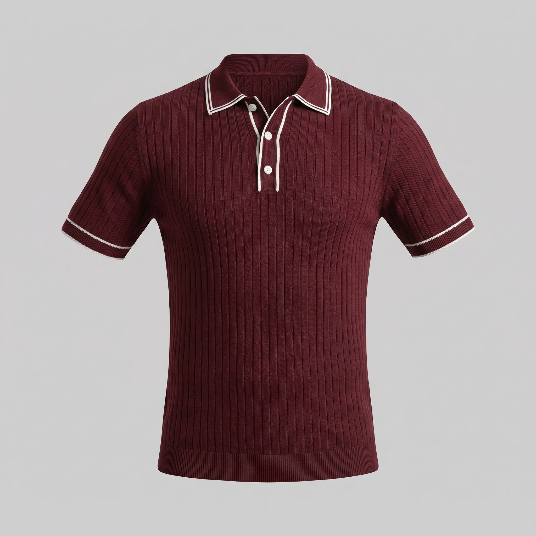 Men's Ribbed Knit Polo Shirt with Contrast Trim for Casual Wear