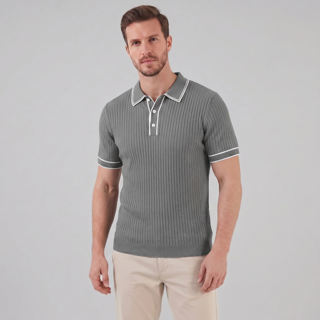 Men's Ribbed Knit Polo Shirt with Contrast Trim for Casual Wear