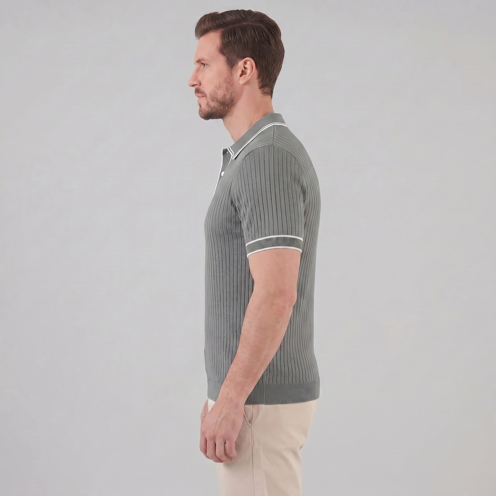 Men's Ribbed Knit Polo Shirt with Contrast Trim for Casual Wear