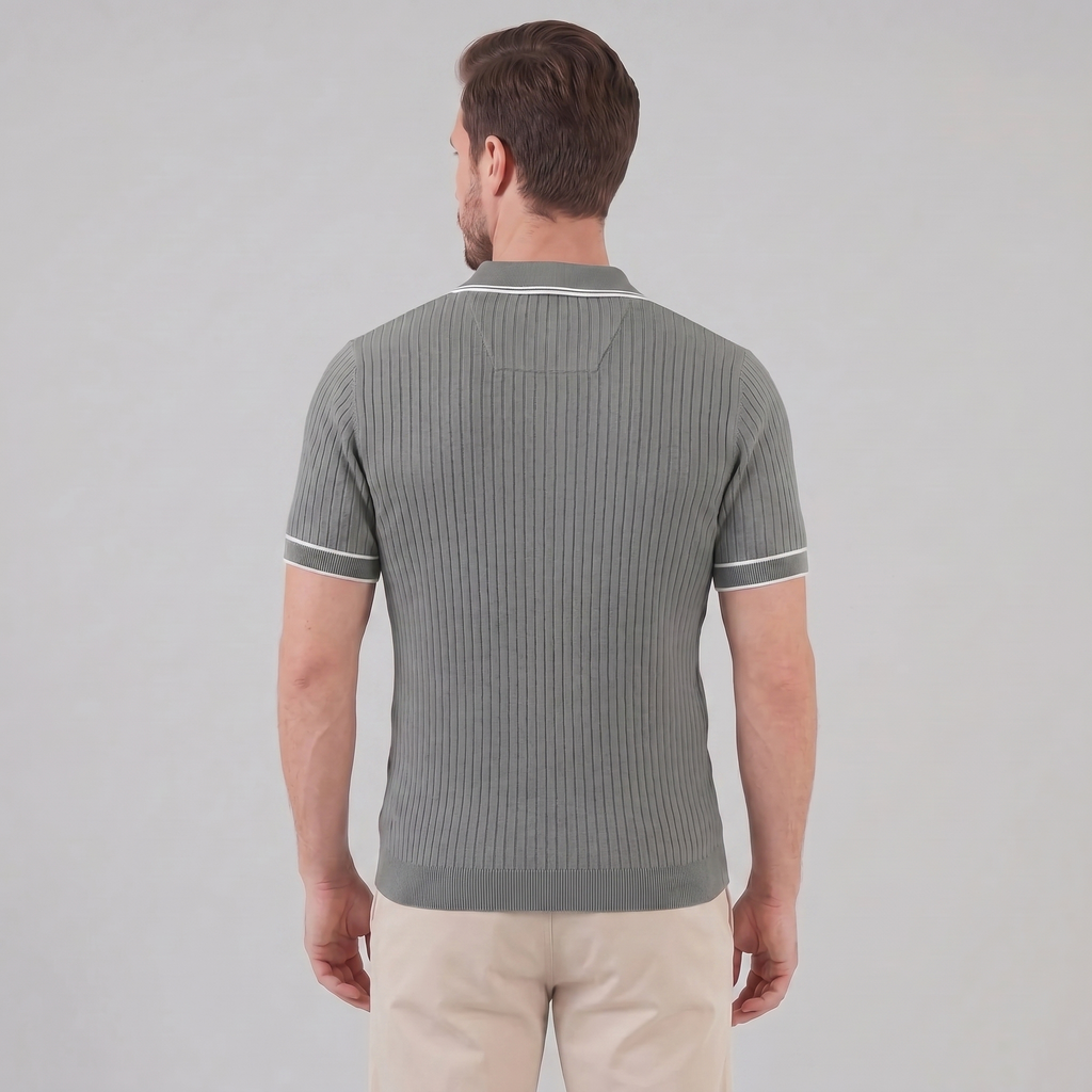 Men's Ribbed Knit Polo Shirt with Contrast Trim for Casual Wear