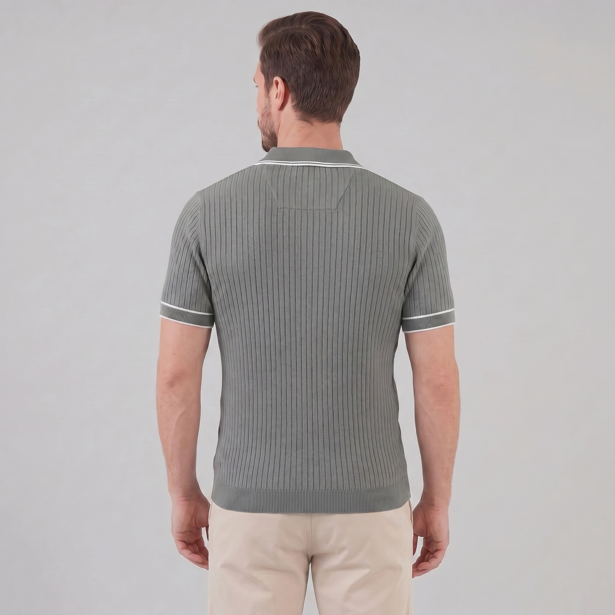 Men's Ribbed Knit Polo Shirt with Contrast Trim for Casual Wear