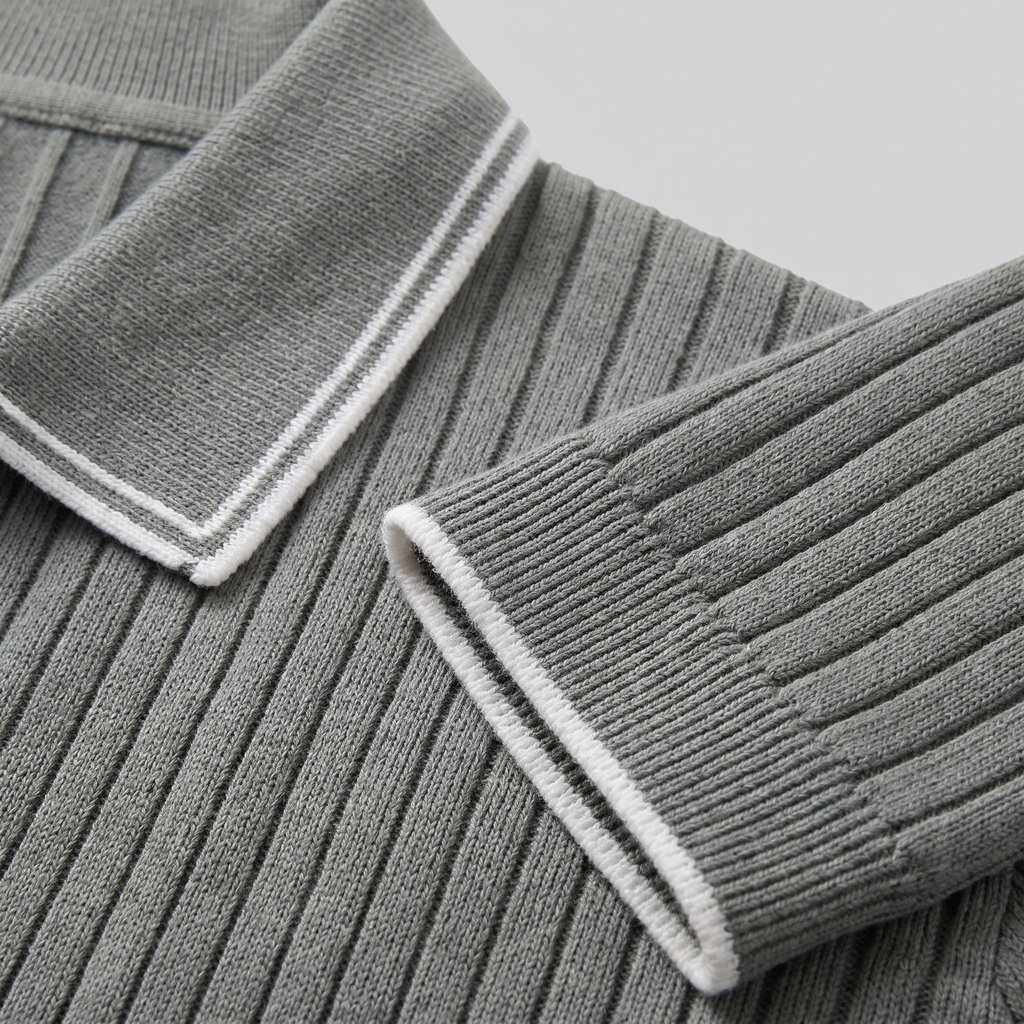 Men's Ribbed Knit Polo Shirt with Contrast Trim for Casual Wear
