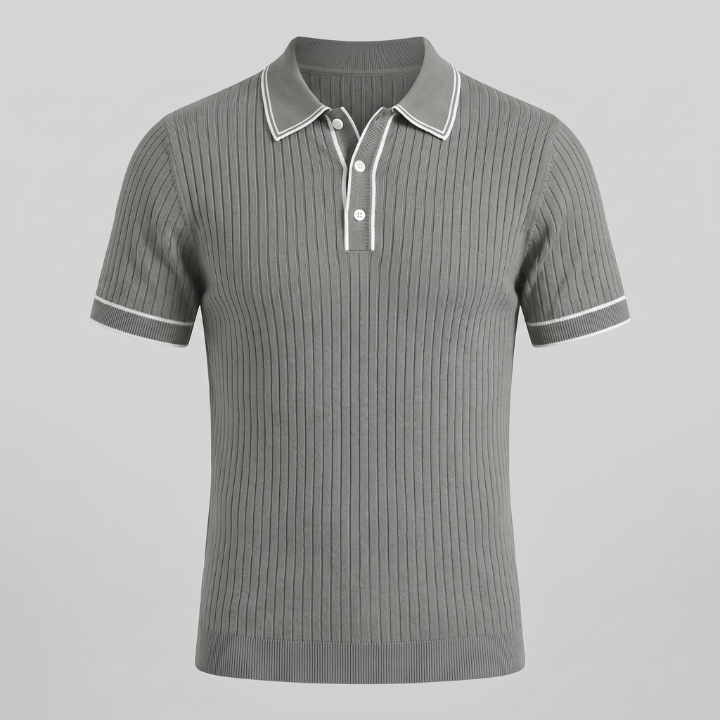 Men's Ribbed Knit Polo Shirt with Contrast Trim for Casual Wear