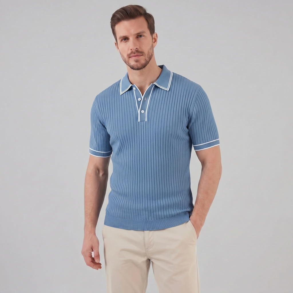 Men's Ribbed Knit Polo Shirt with Contrast Trim for Casual Wear