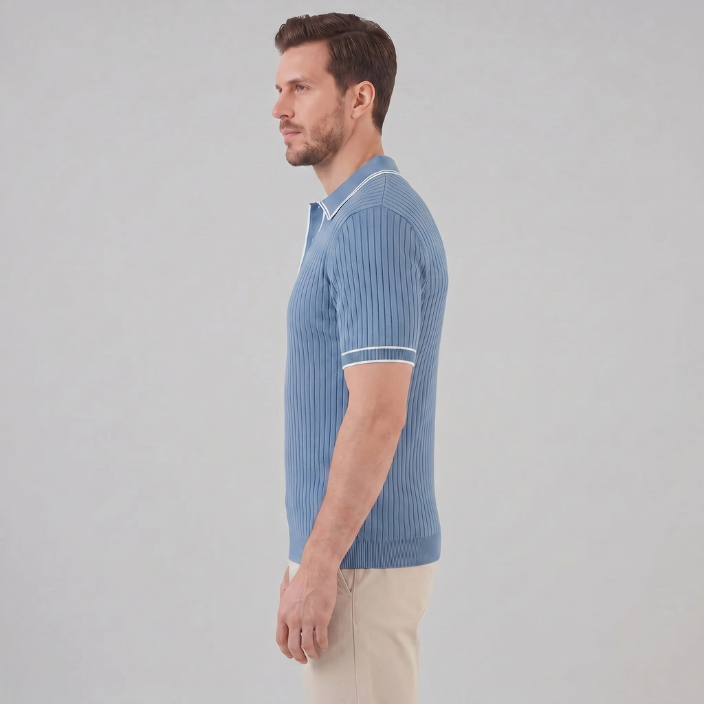 Men's Ribbed Knit Polo Shirt with Contrast Trim for Casual Wear