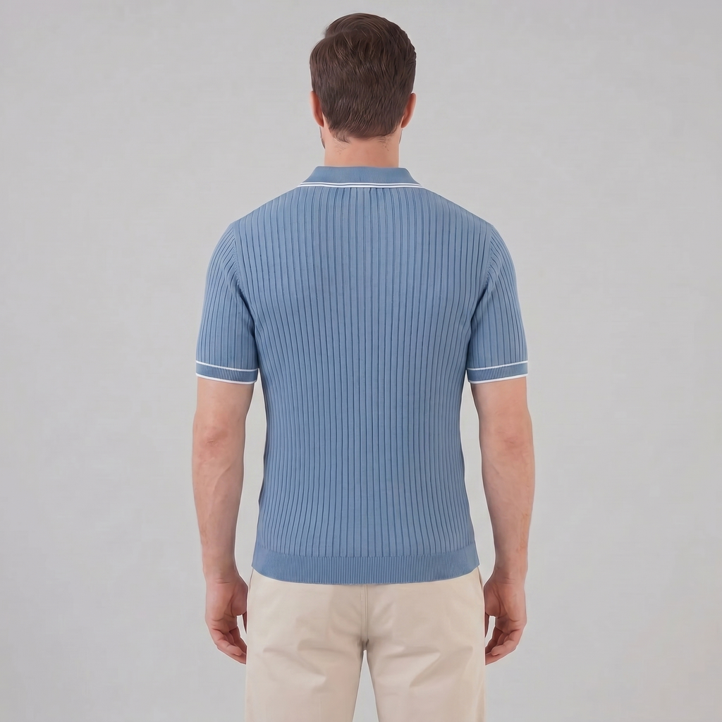 Men's Ribbed Knit Polo Shirt with Contrast Trim for Casual Wear