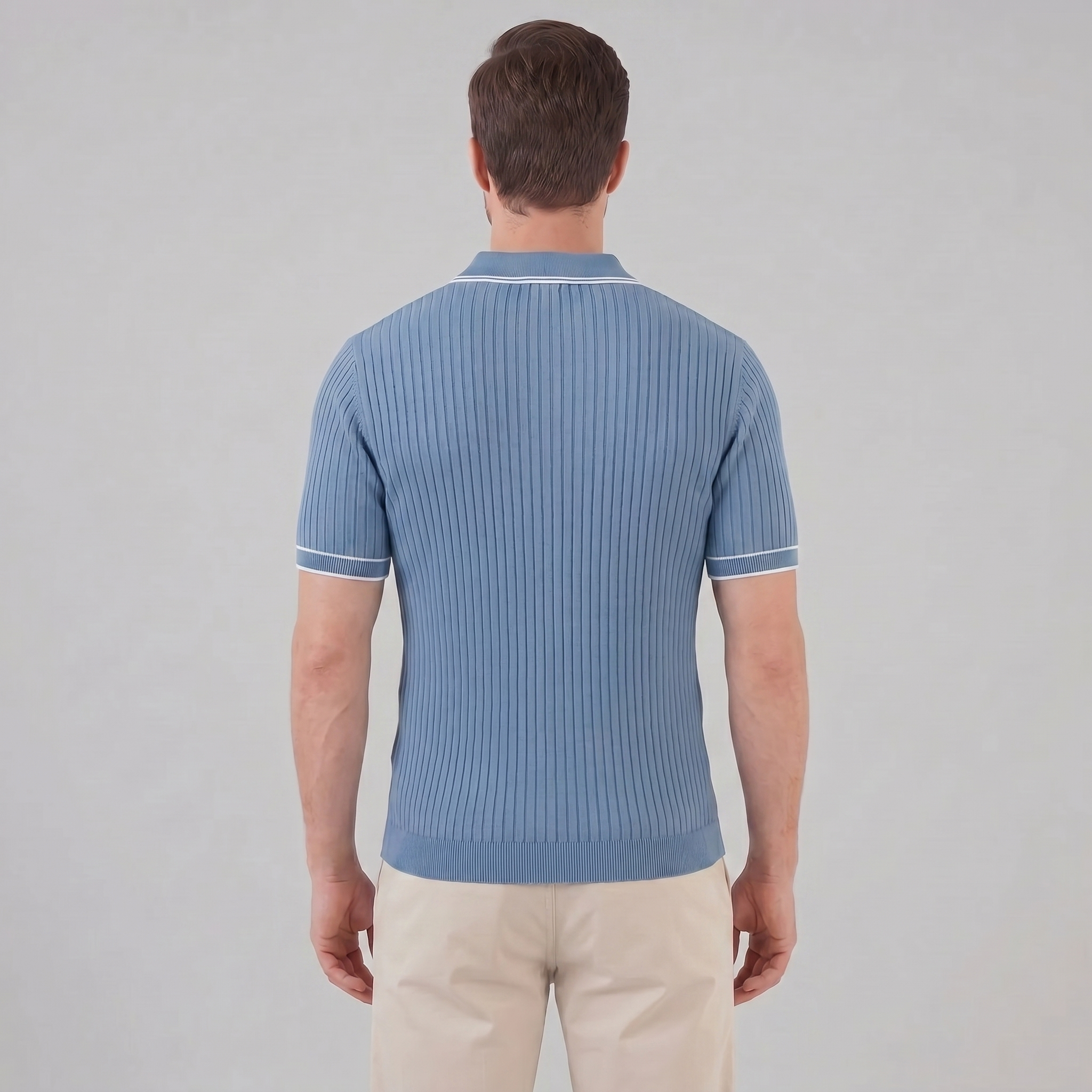 Men's Ribbed Knit Polo Shirt with Contrast Trim for Casual Wear