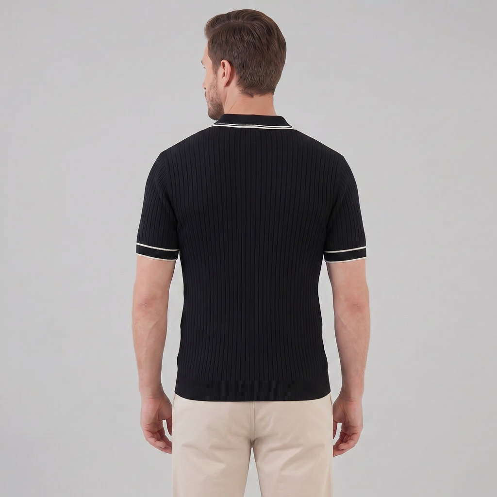 Men's Ribbed Knit Polo Shirt with Contrast Trim for Casual Wear