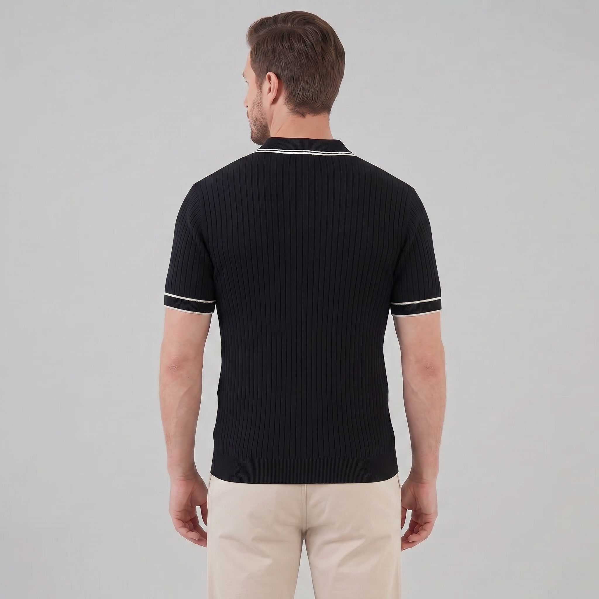 Men's Ribbed Knit Polo Shirt with Contrast Trim for Casual Wear