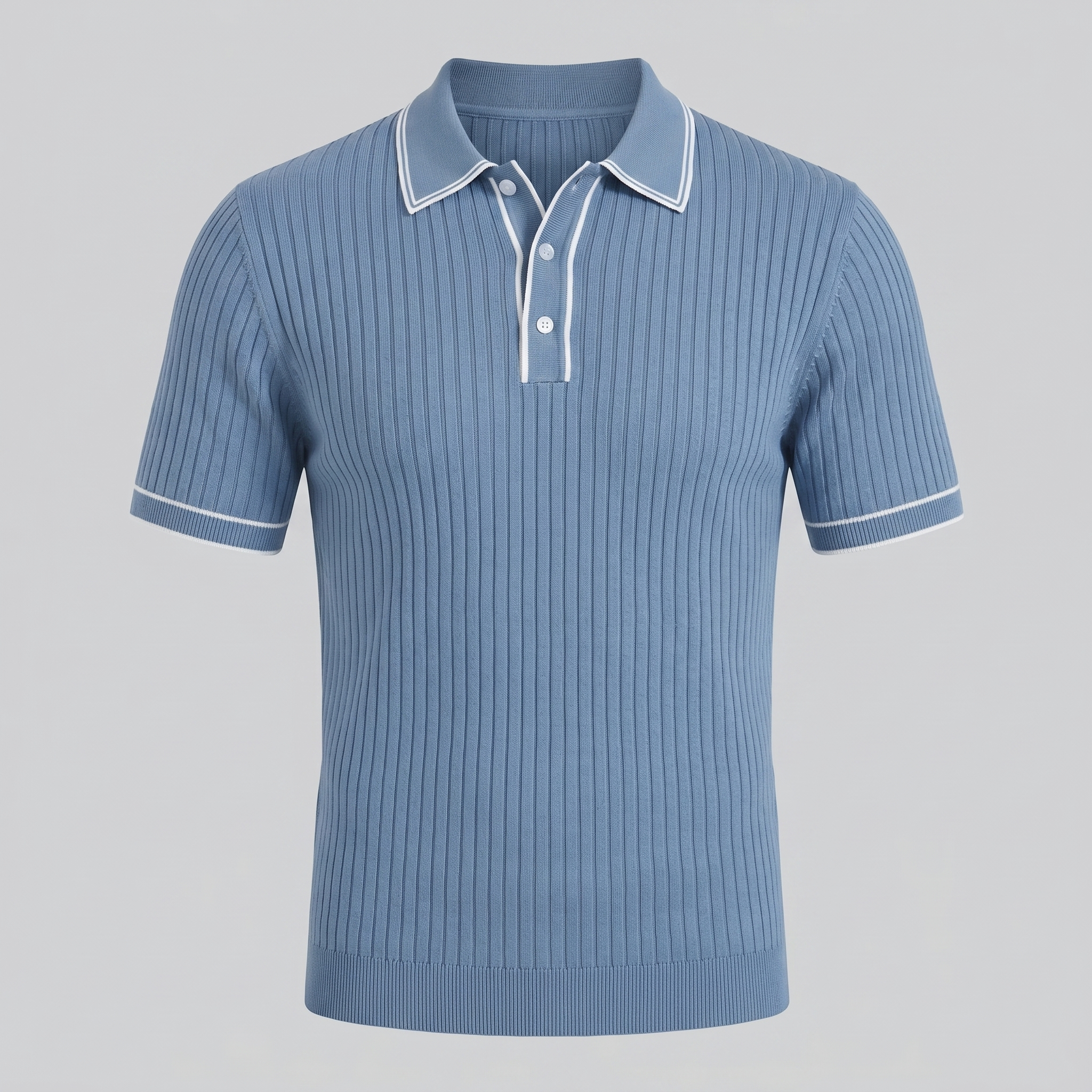 Men's Ribbed Knit Polo Shirt with Contrast Trim for Casual Wear