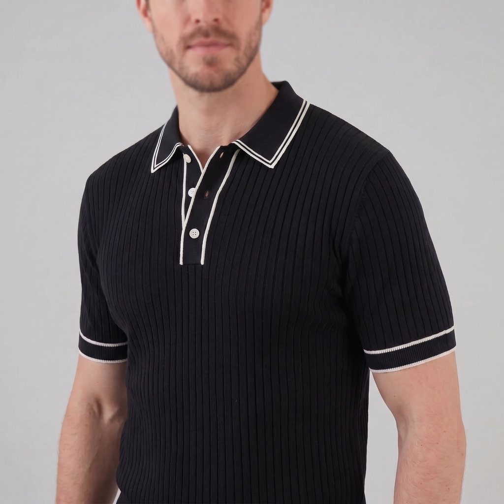 Men's Ribbed Knit Polo Shirt with Contrast Trim for Casual Wear