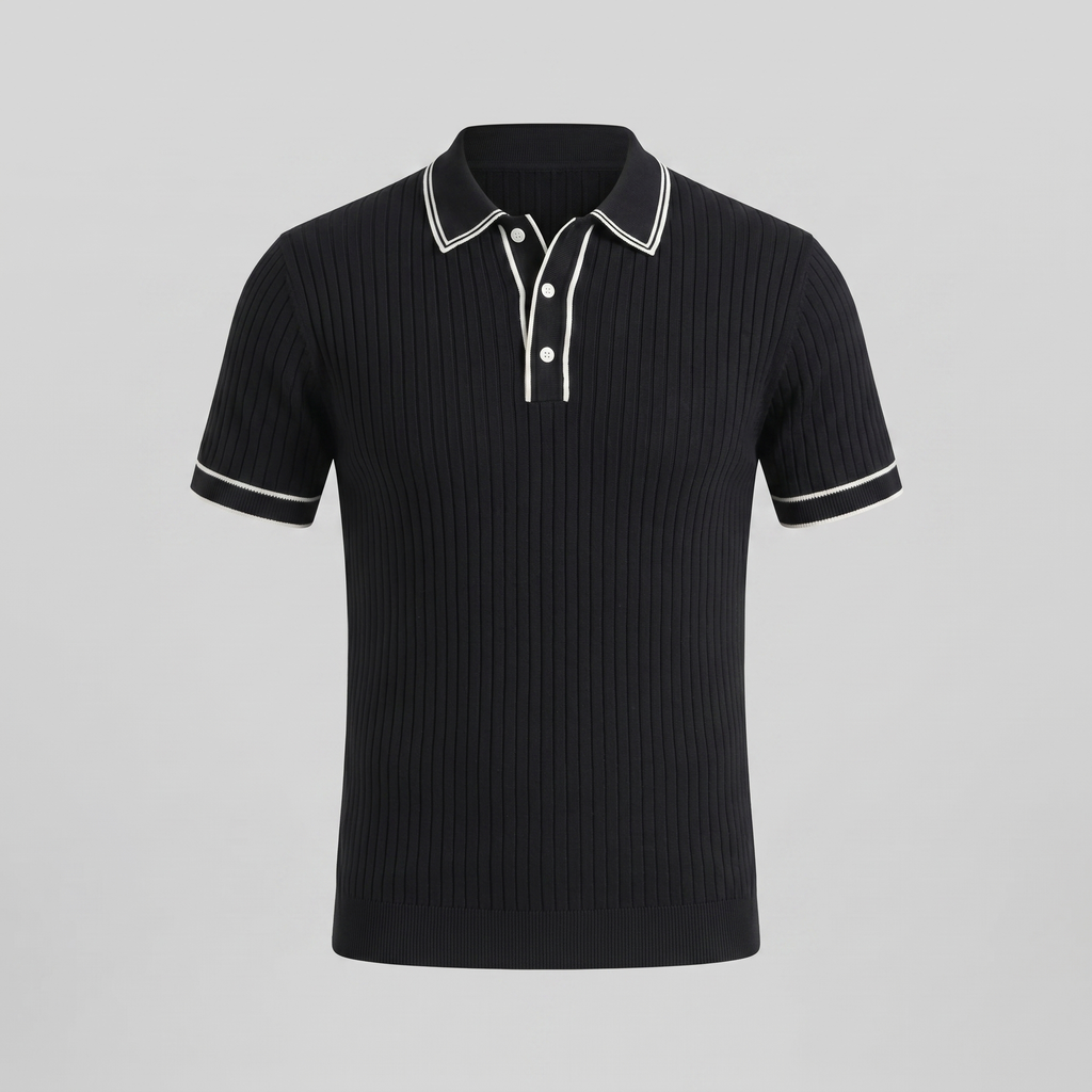 Men's Ribbed Knit Polo Shirt with Contrast Trim for Casual Wear