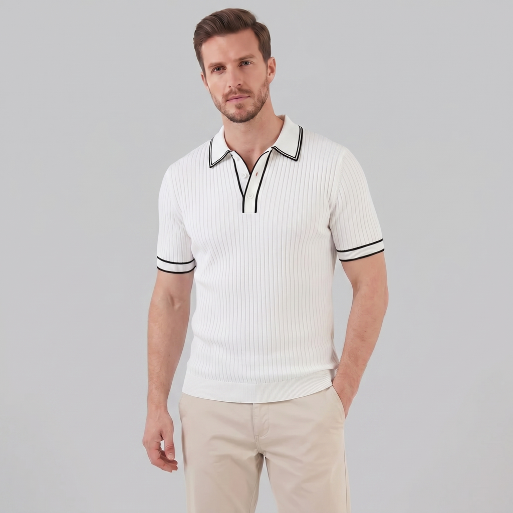 Men's Ribbed Knit Polo Shirt with Contrast Trim for Casual Wear