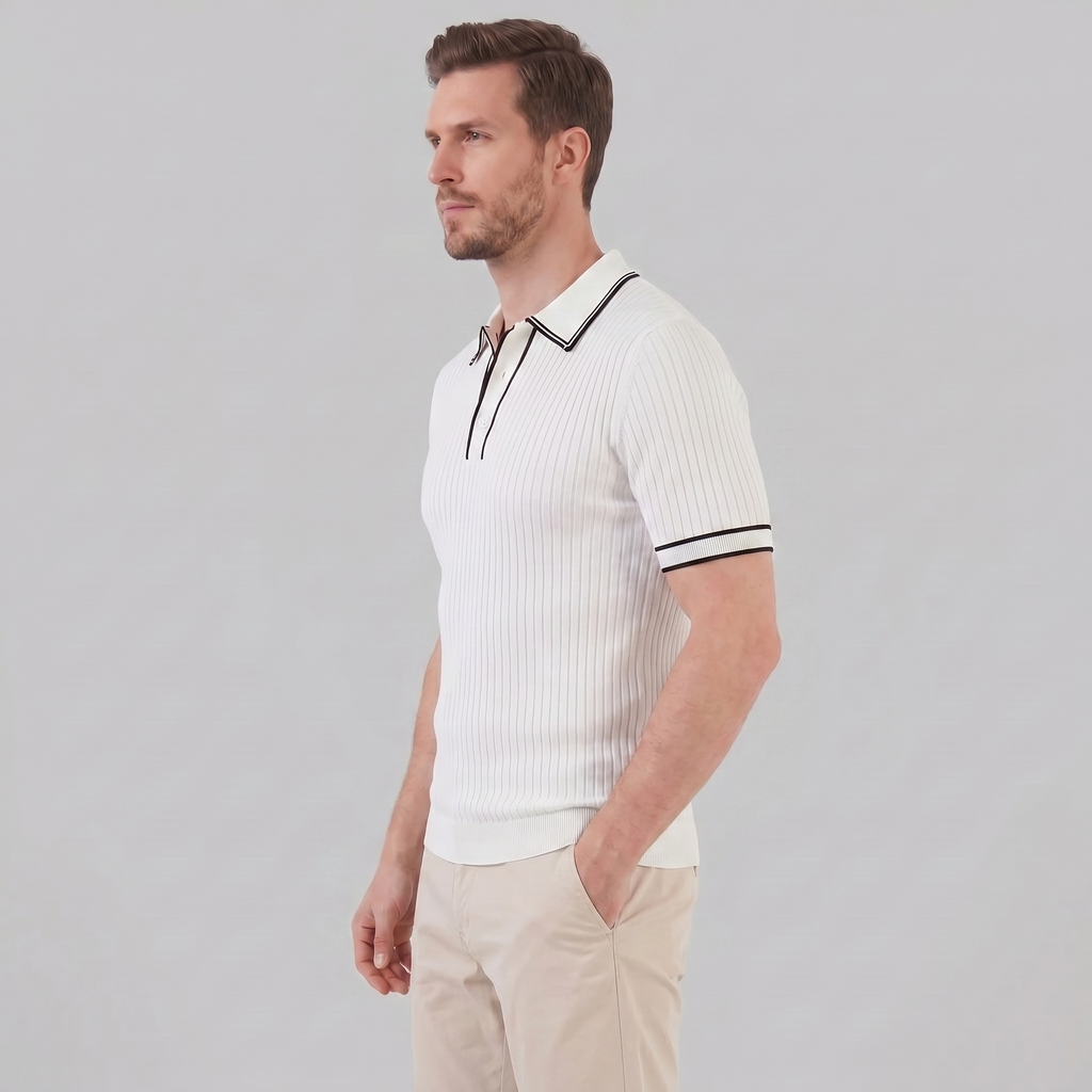 Men's Ribbed Knit Polo Shirt with Contrast Trim for Casual Wear