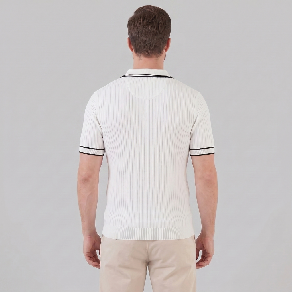 Men's Ribbed Knit Polo Shirt with Contrast Trim for Casual Wear