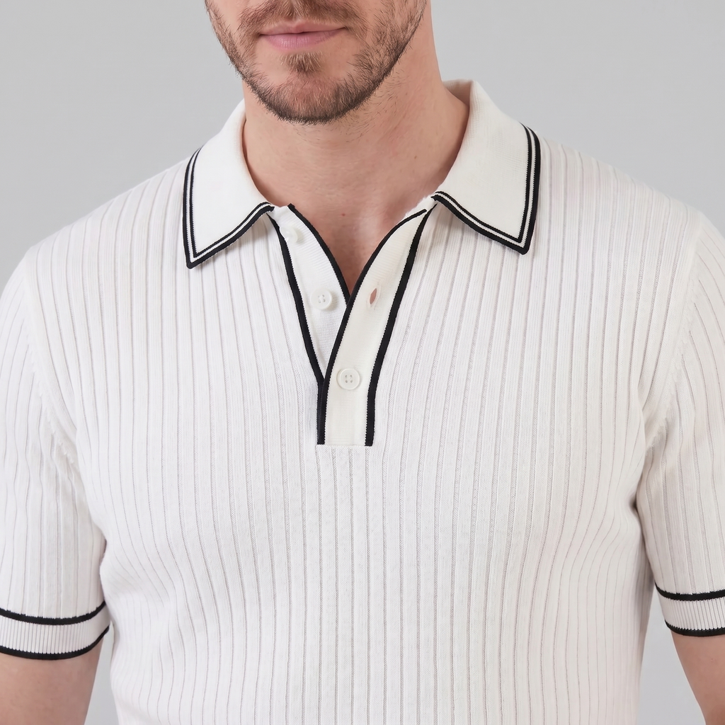 Men's Ribbed Knit Polo Shirt with Contrast Trim for Casual Wear