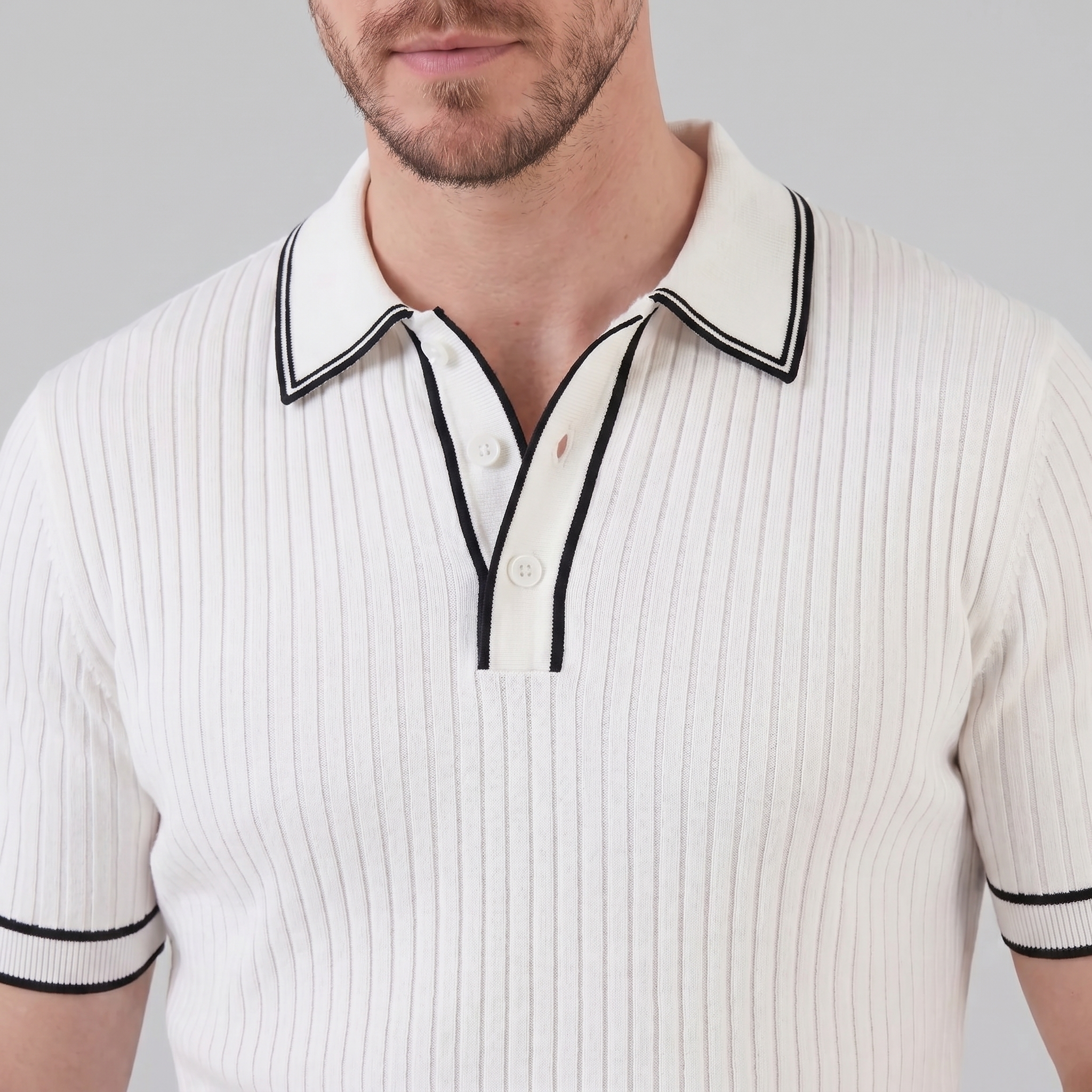 Men's Ribbed Knit Polo Shirt with Contrast Trim for Casual Wear