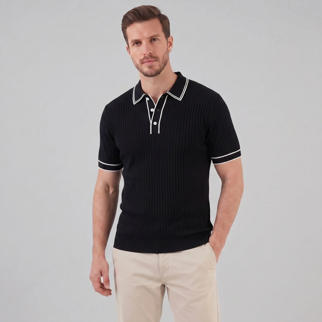 Men's Ribbed Knit Polo Shirt with Contrast Trim for Casual Wear