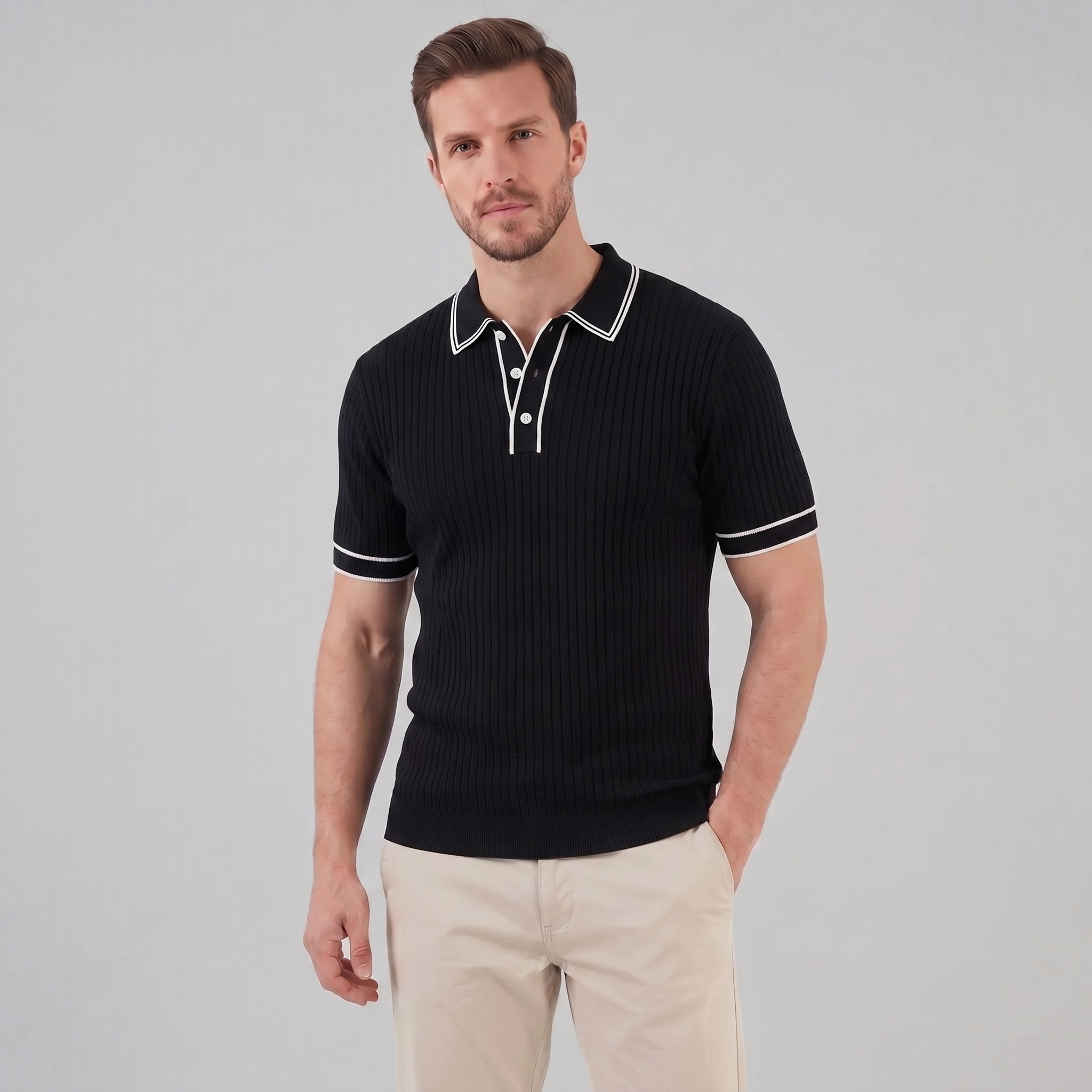 Men's Ribbed Knit Polo Shirt with Contrast Trim for Casual Wear