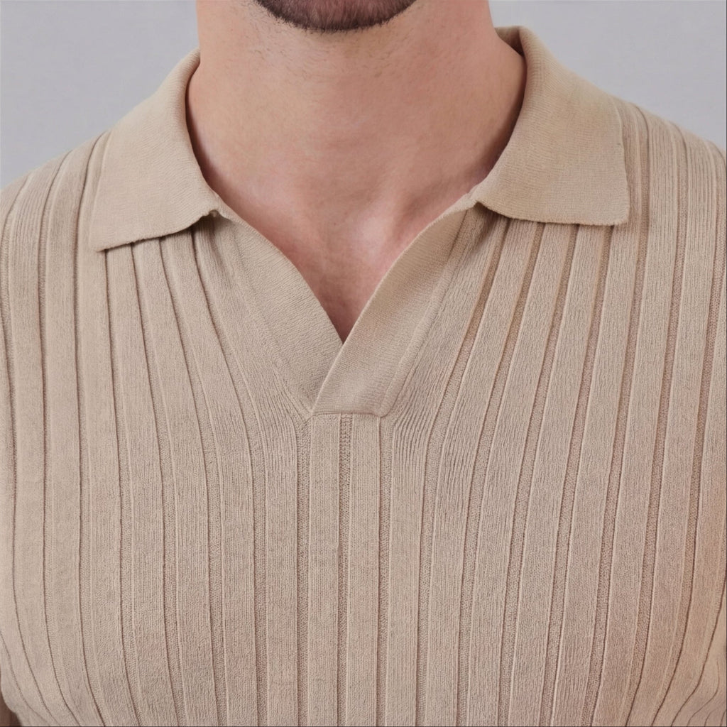 Men's Ribbed V-Neck Polo Shirt - Short Sleeve Casual Wear in Cotton Blend
