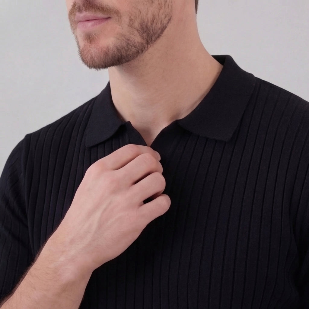 Men's Ribbed V-Neck Polo Shirt - Short Sleeve Casual Wear in Cotton Blend