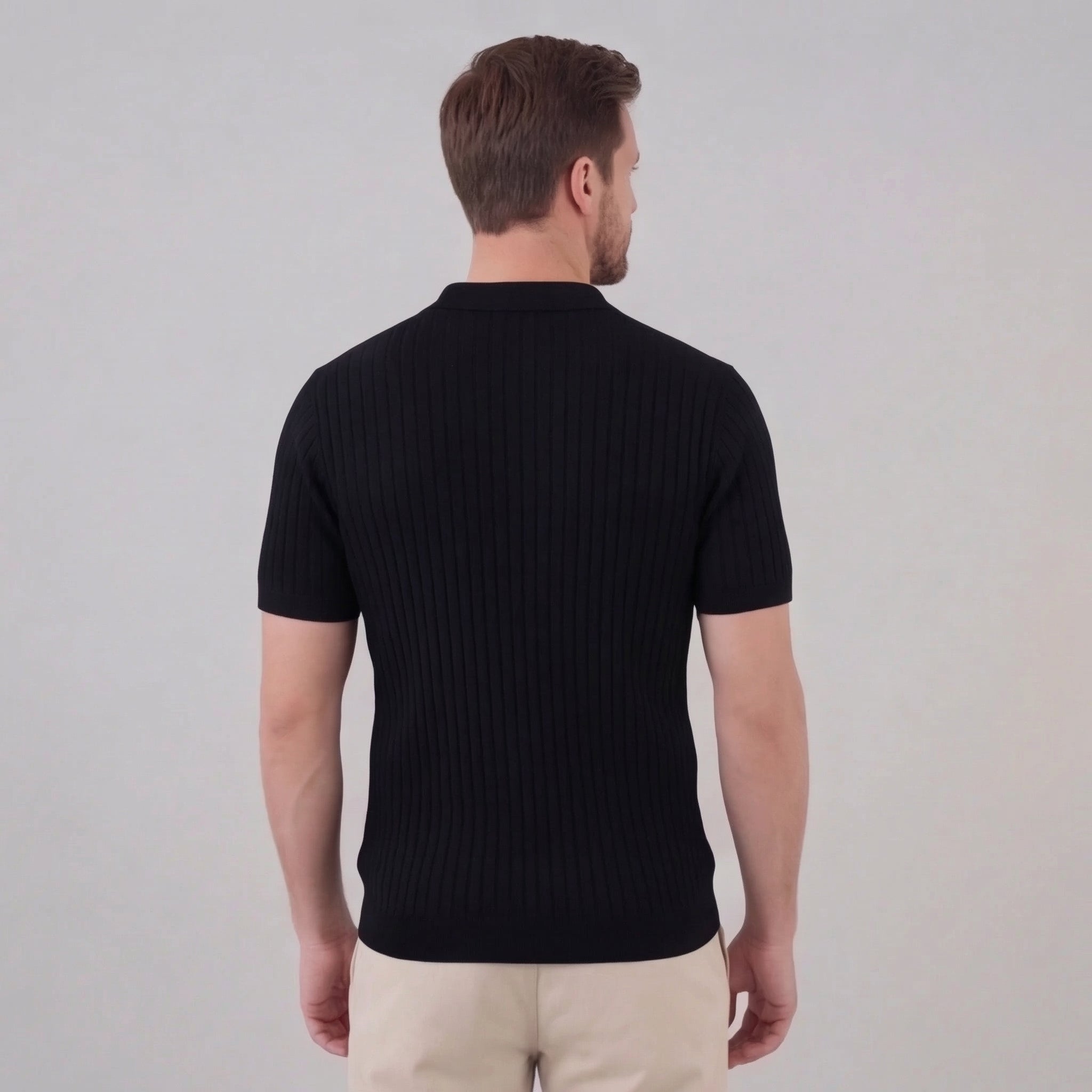 Men's Ribbed V-Neck Polo Shirt - Short Sleeve Casual Wear in Cotton Blend
