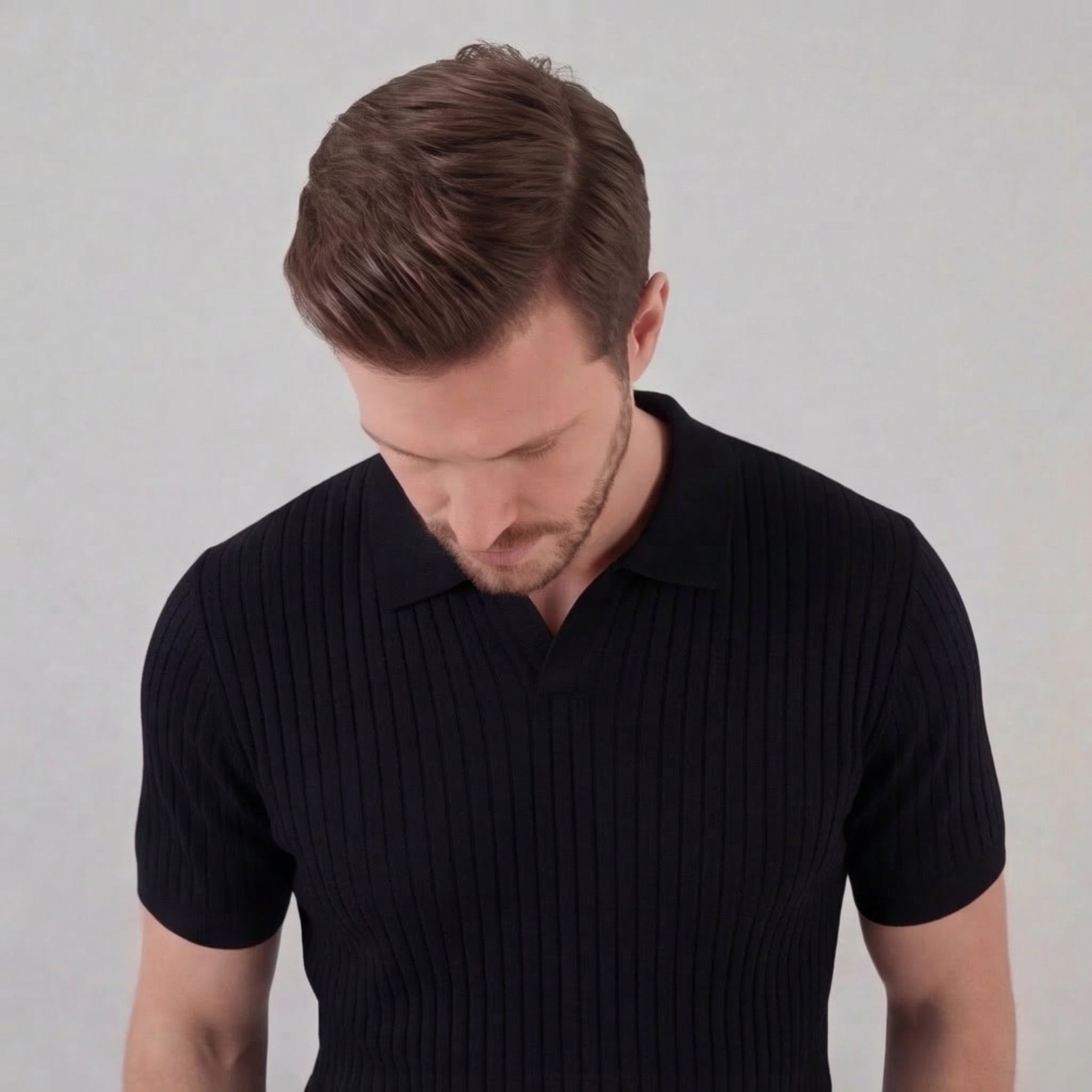 Men's Ribbed V-Neck Polo Shirt - Short Sleeve Casual Wear in Cotton Blend