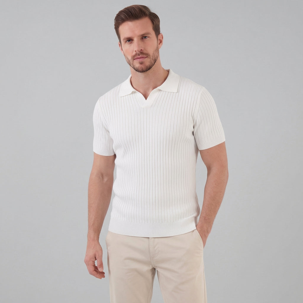 Men's Ribbed V-Neck Polo Shirt - Short Sleeve Casual Wear in Cotton Blend