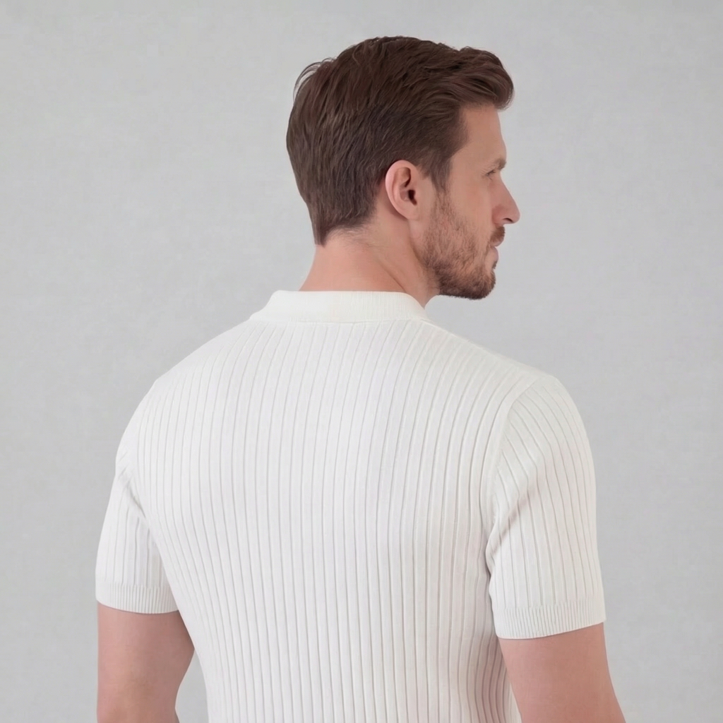 Men's Ribbed V-Neck Polo Shirt - Short Sleeve Casual Wear in Cotton Blend