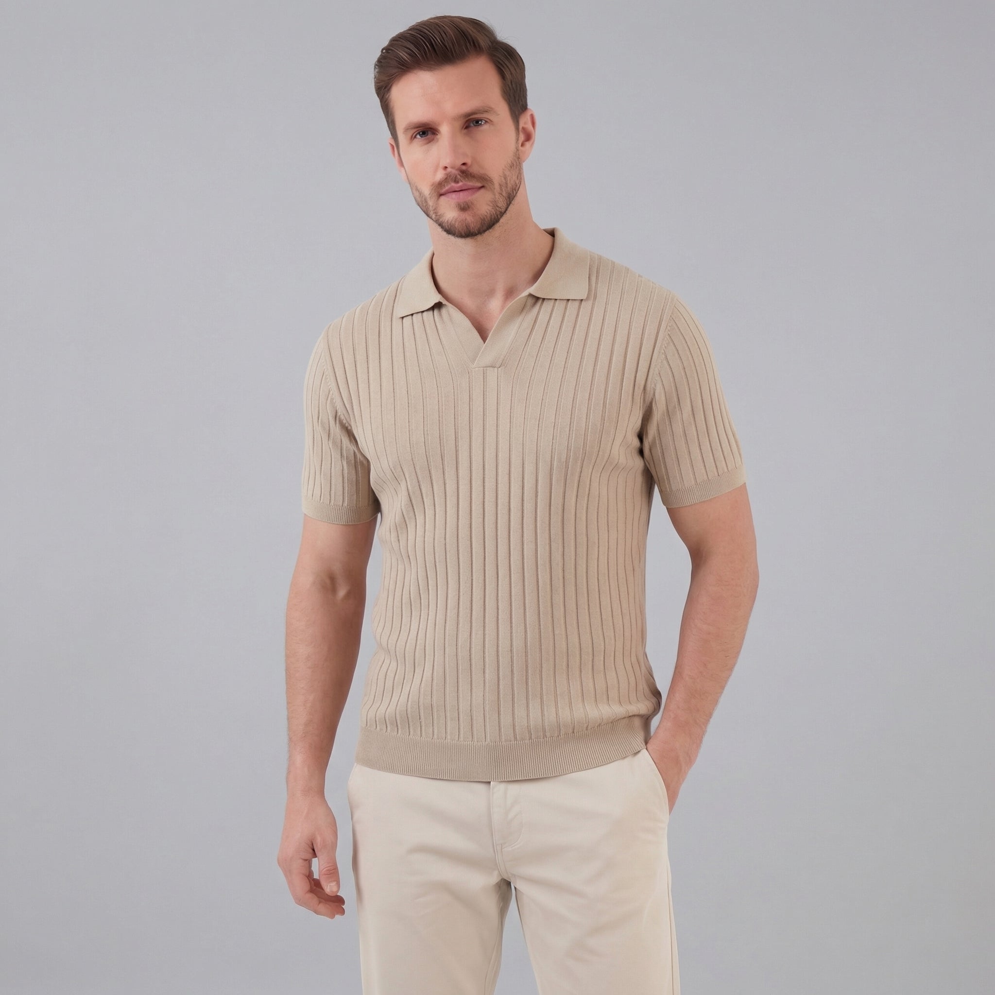 Men's Ribbed V-Neck Polo Shirt - Short Sleeve Casual Wear in Cotton Blend