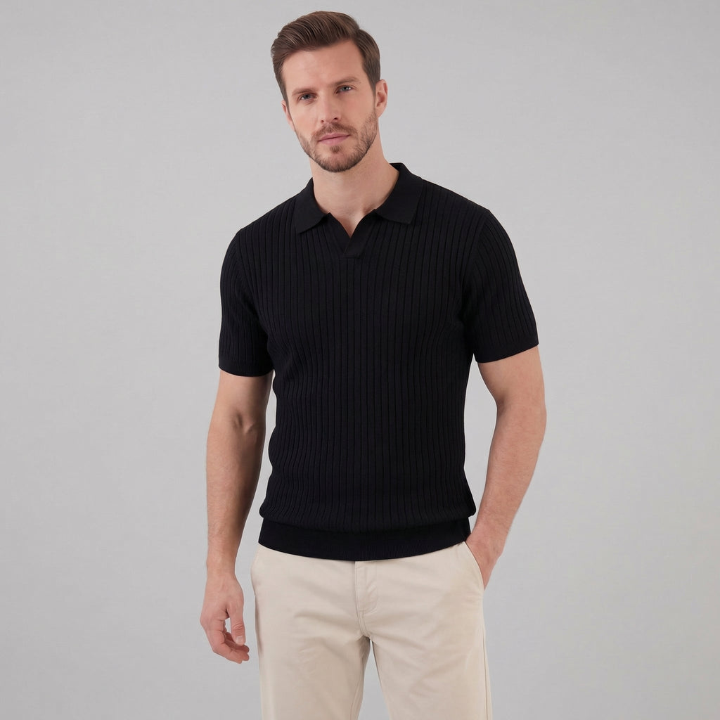 Men's Ribbed V-Neck Polo Shirt - Short Sleeve Casual Wear in Cotton Blend
