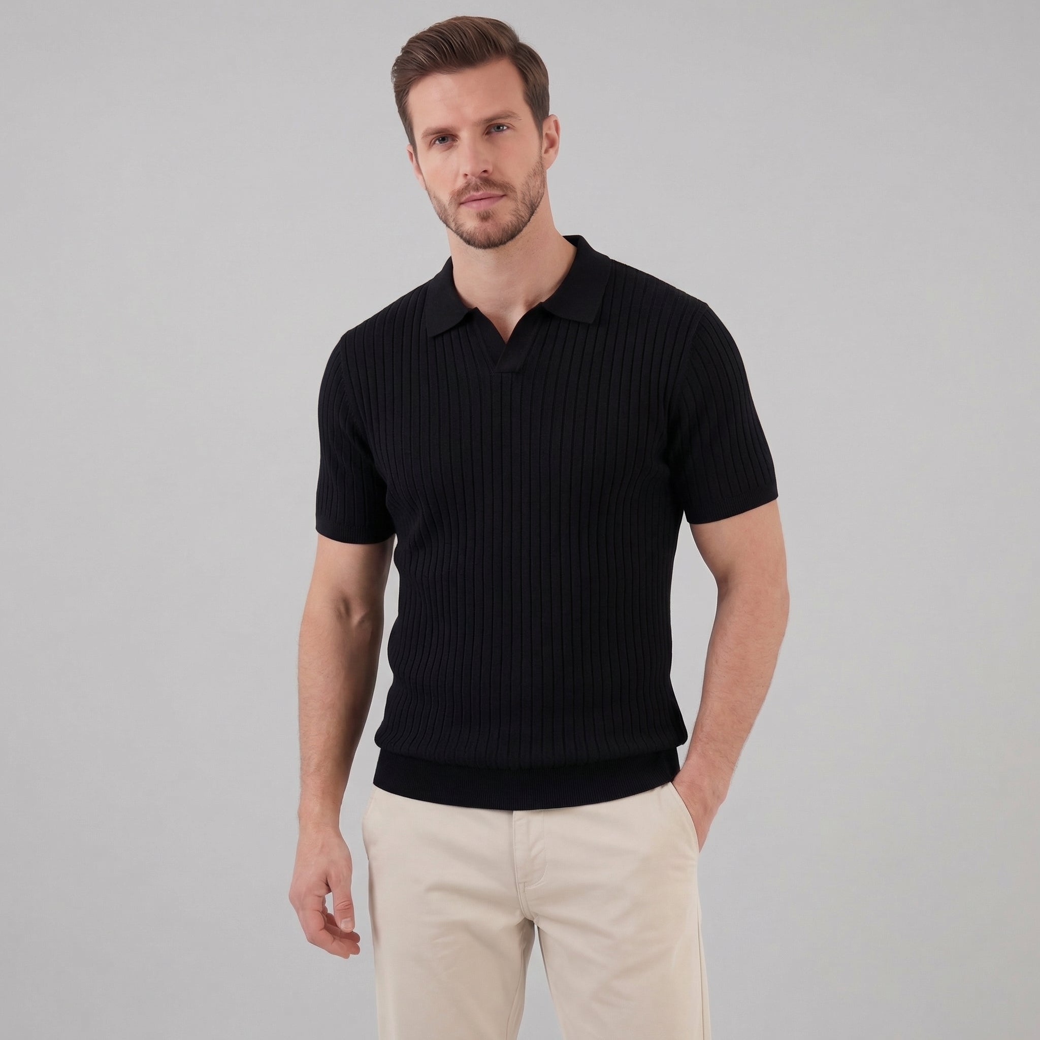 Men's Ribbed V-Neck Polo Shirt - Short Sleeve Casual Wear in Cotton Blend